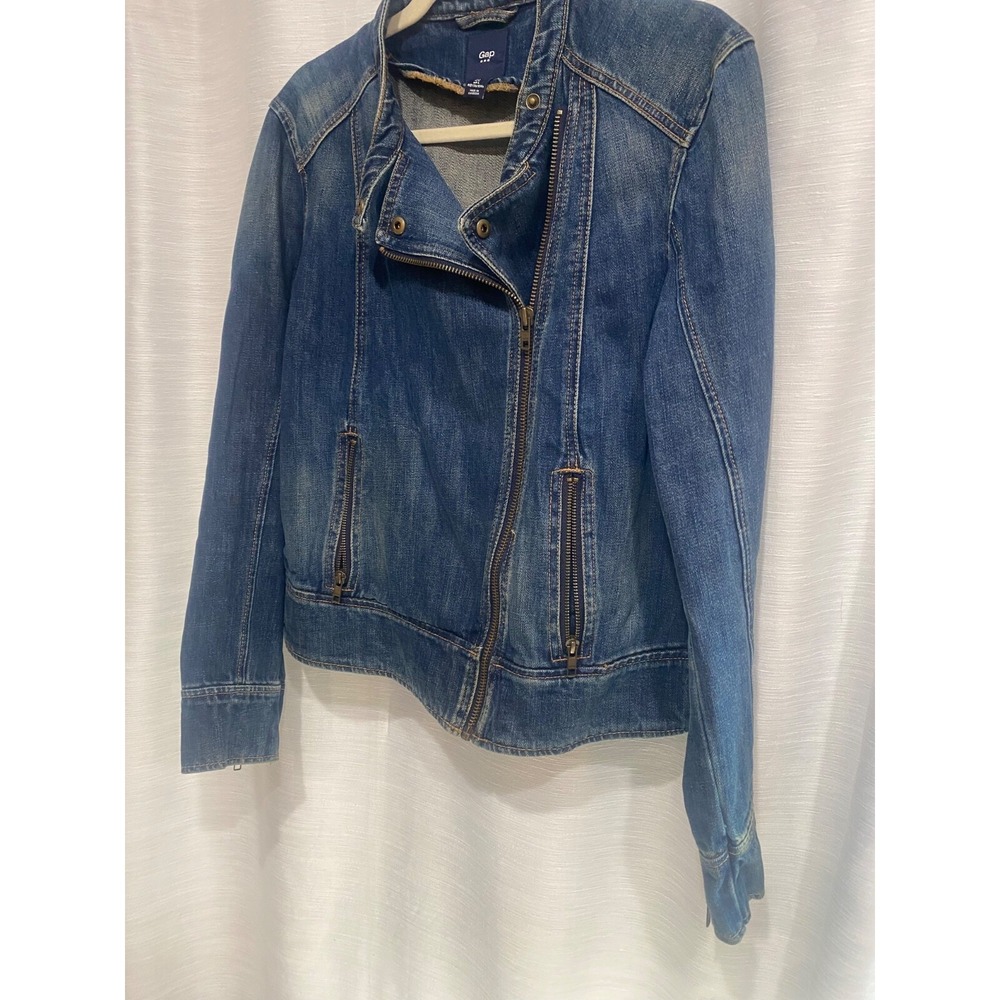 GAP Women's Jean Jacket Size M Off Set Zipper Front Motorcycle Style